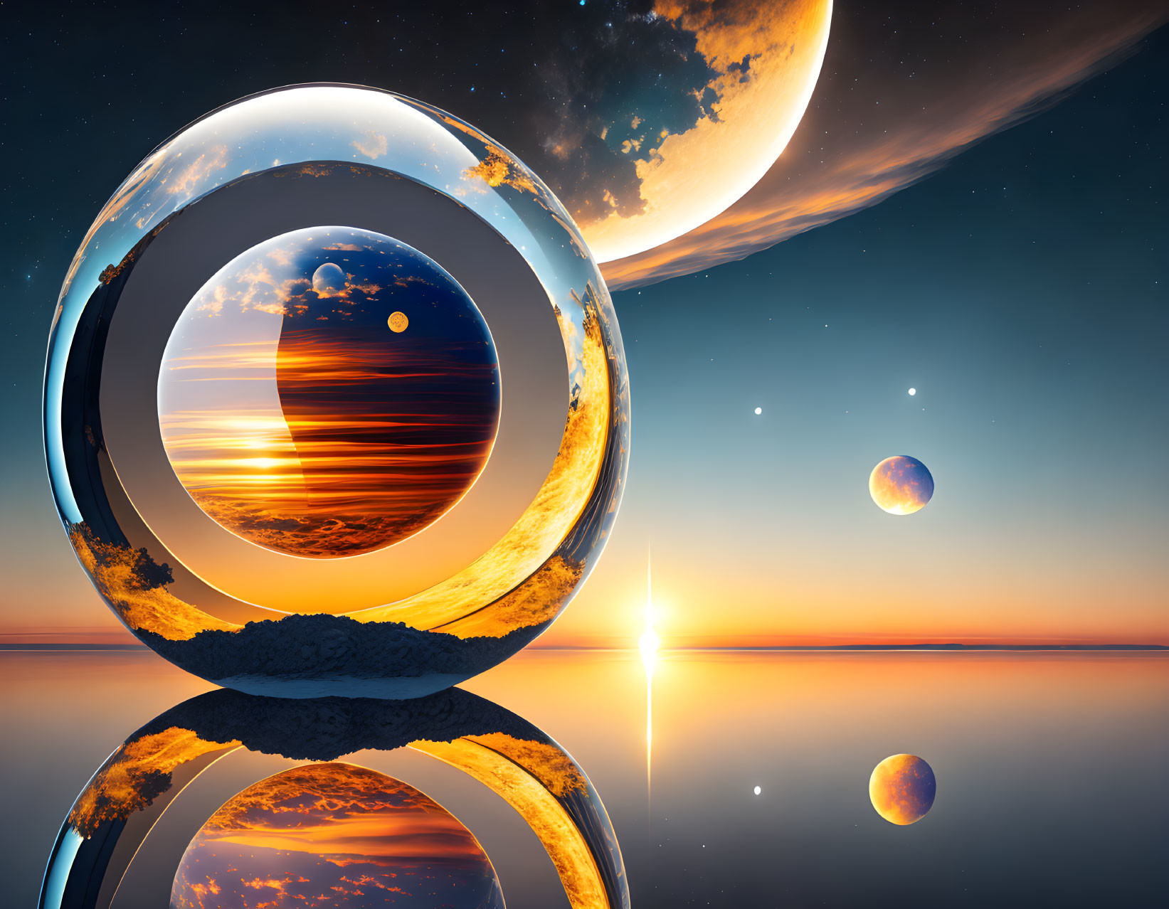 Surrealistic landscape with shiny sphere, sunset reflections, planets, calm sea, twilight sky.