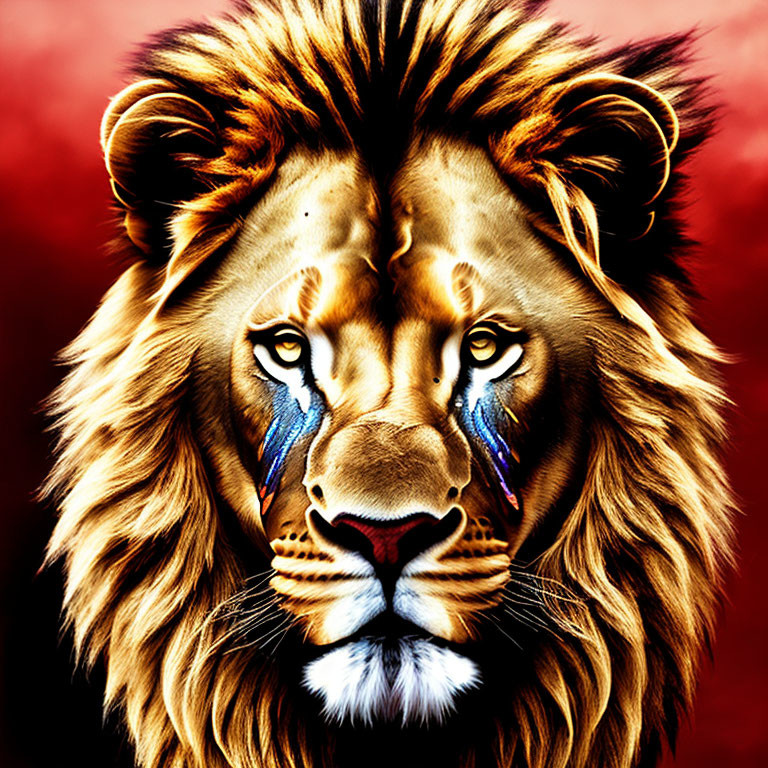 Vibrant digital illustration of majestic lion with orange and red mane and blue eye markings