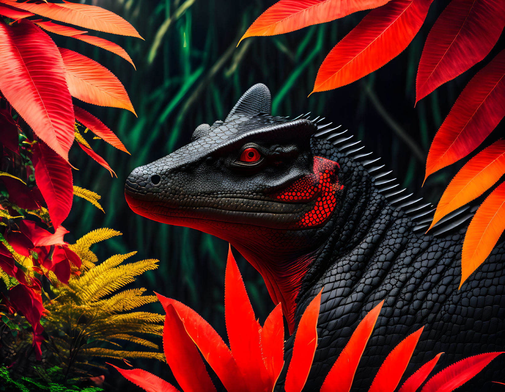 Detailed lizard scales among red tropical leaves and green foliage