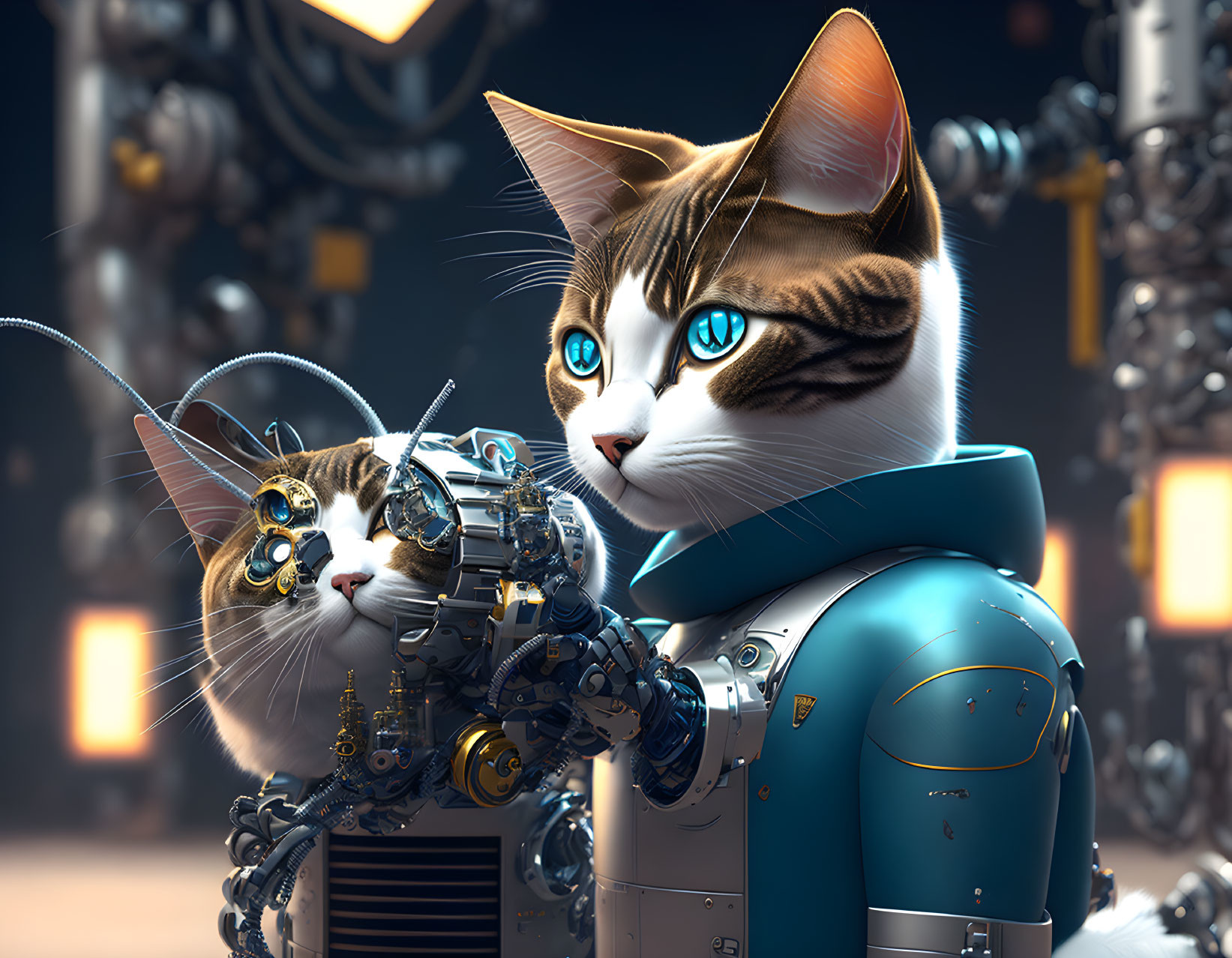 Cat-headed humanoid robot in blue outfit with smaller robotic feline in futuristic workshop