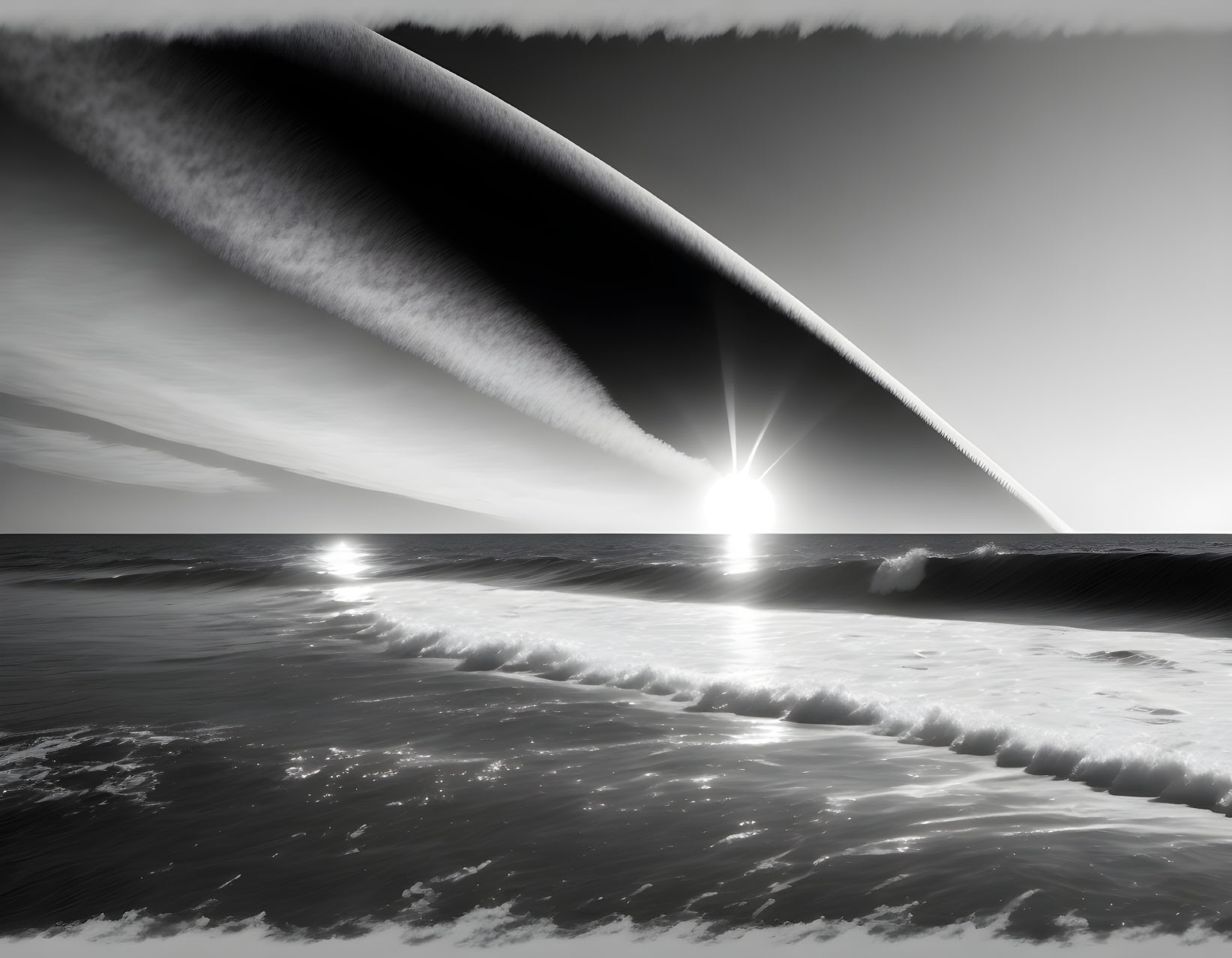 Monochromatic seascape with dynamic sky and bright reflection