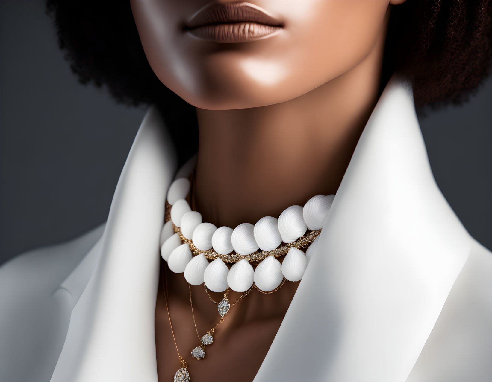 Woman in White Blazer with Layered Pearls & Gold Pendant