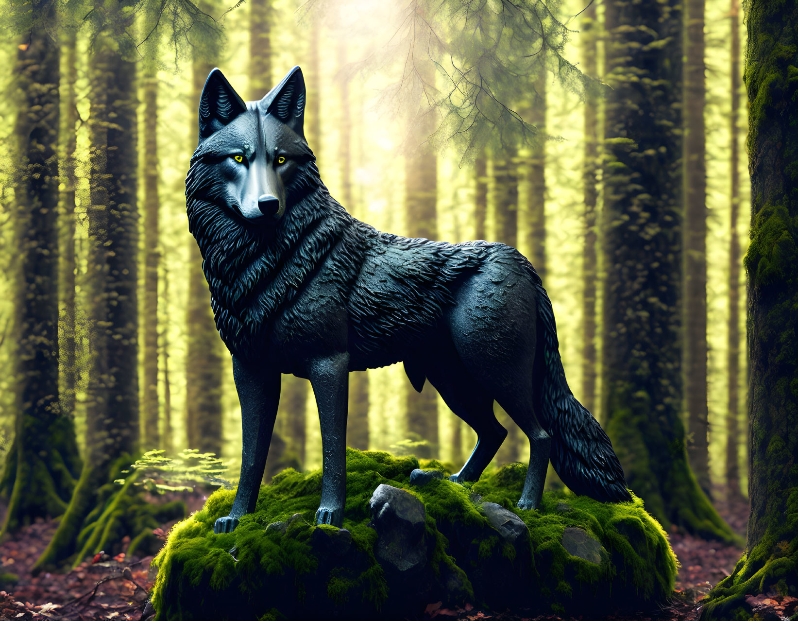 Majestic wolf on moss-covered rock in mystical forest