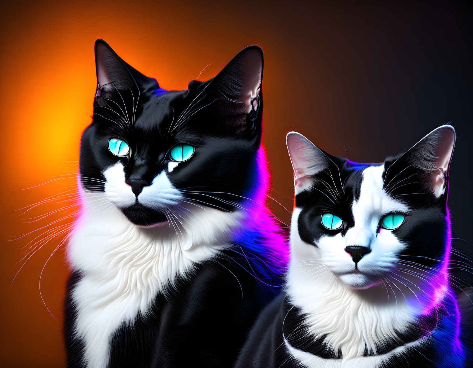 Two tuxedo cats with bright blue eyes in neon lighting on dark background with orange glow