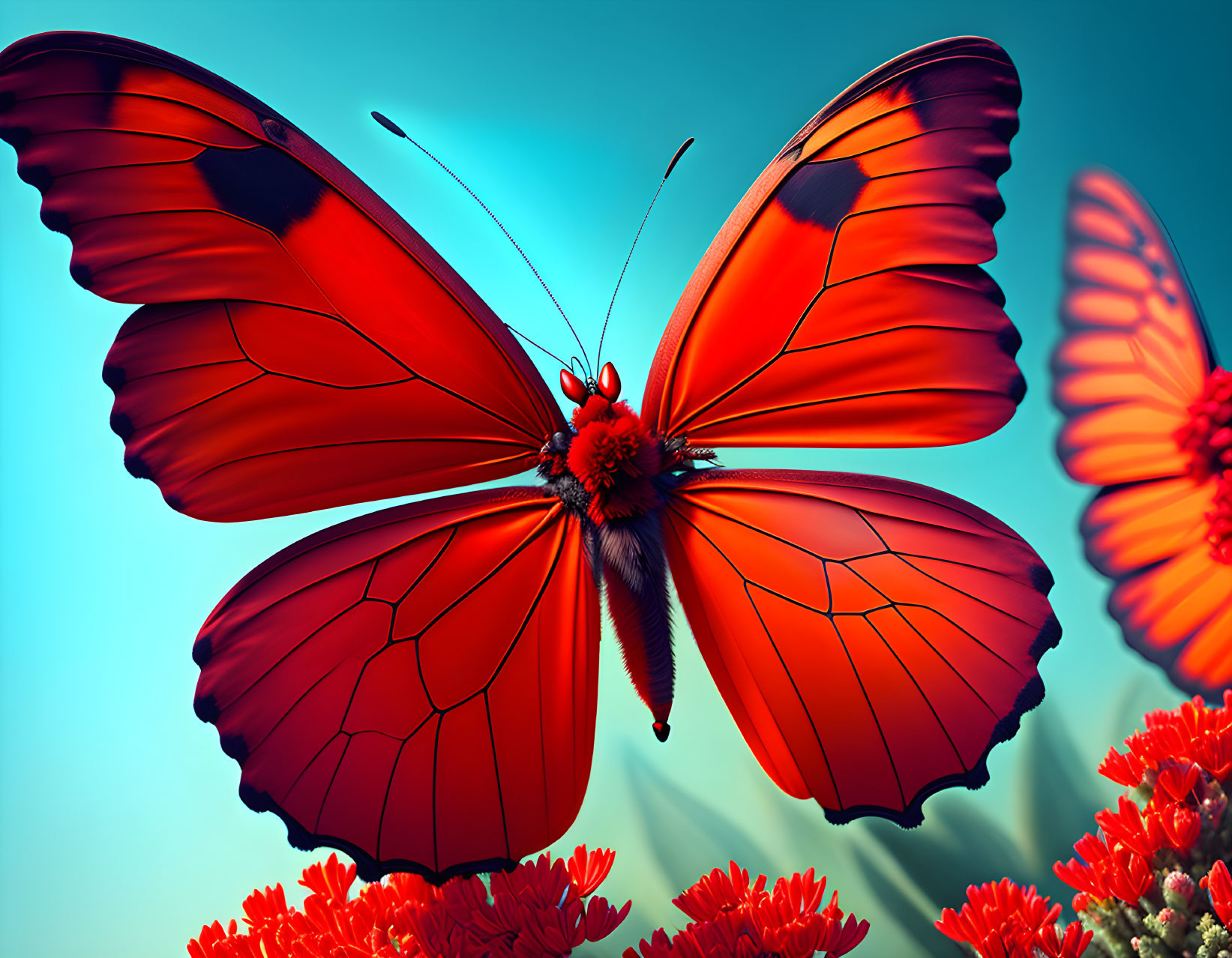 Red Butterfly on Flowers with Turquoise Background