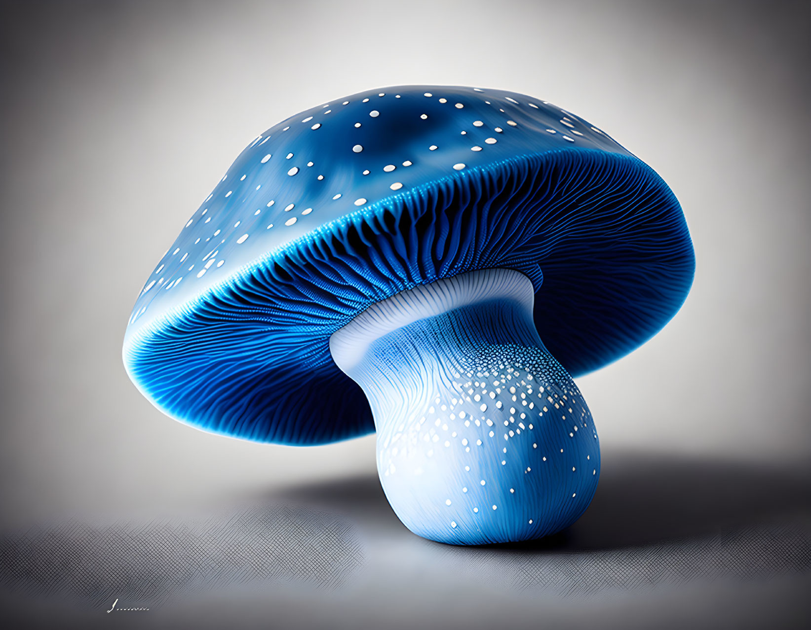 Blue mushroom with white dots and intricate gill details on grey background