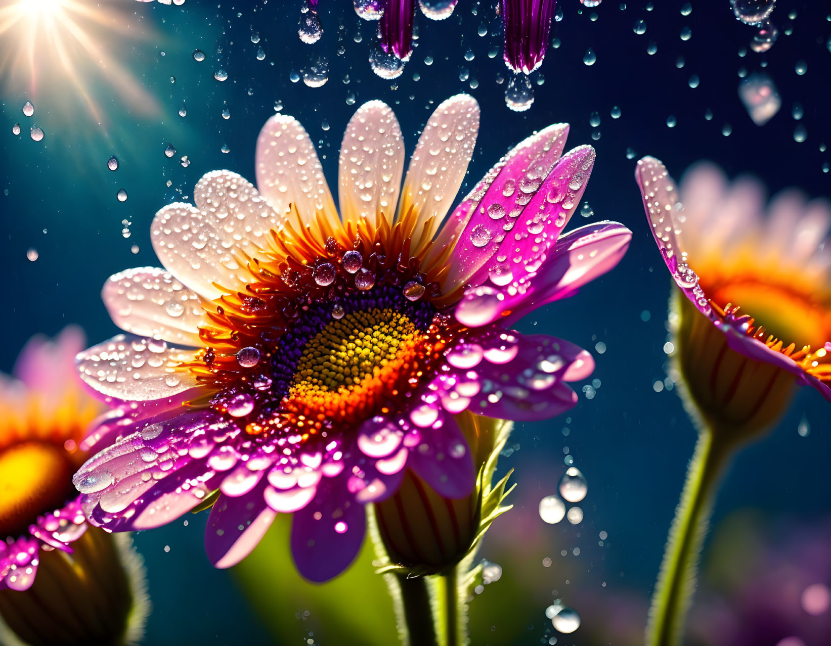 Bright sunlight illuminates vibrant purple daisies with water droplets, set against a bokeh background