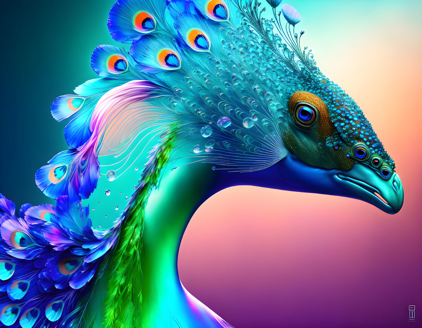 Colorful digital artwork: Peacock with blue, green, and purple plumage