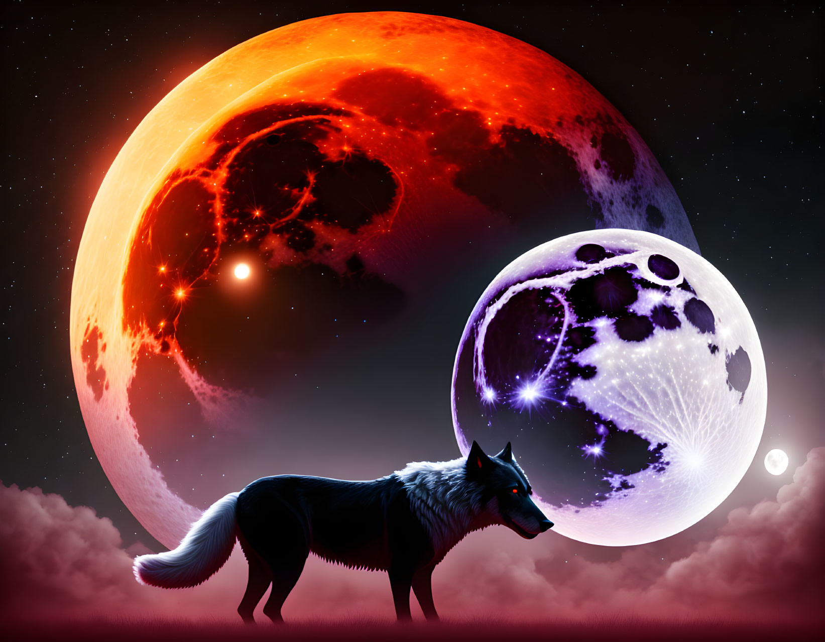 Majestic wolf under colorful celestial night sky