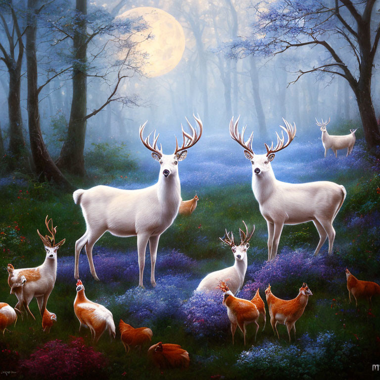 Enchanting night forest with white deer and stags under full moon