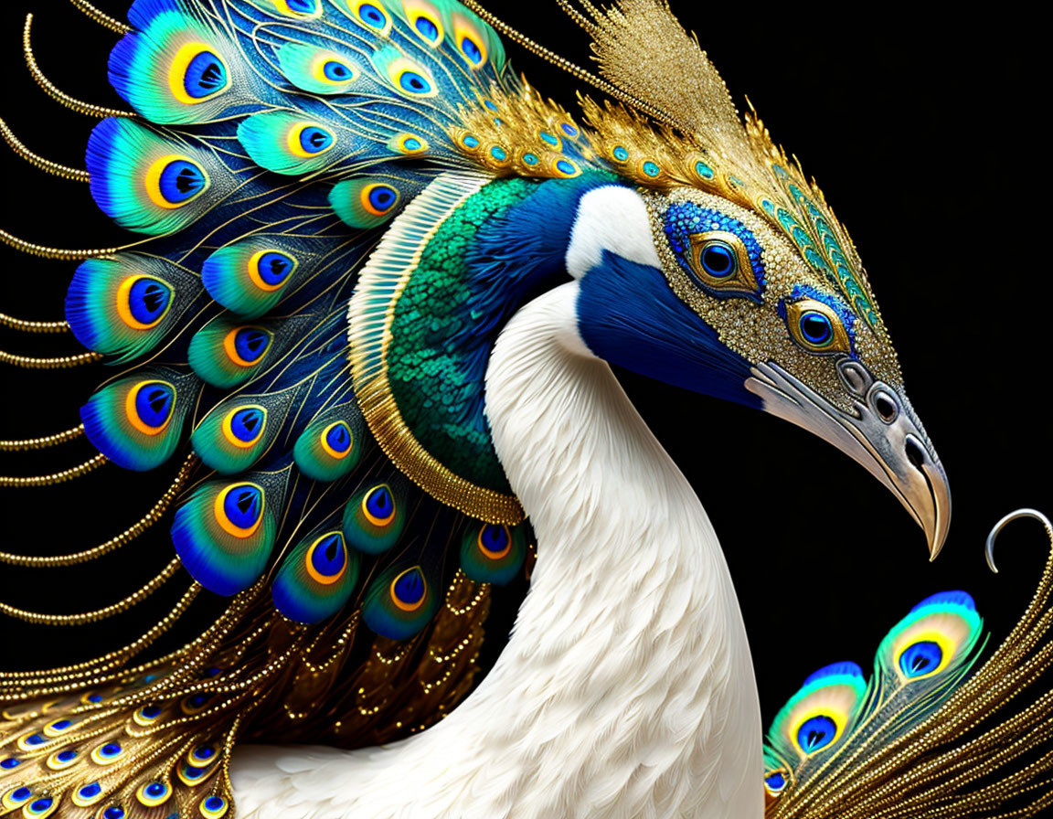 Colorful peacock displaying iridescent blue and green plumage on black background