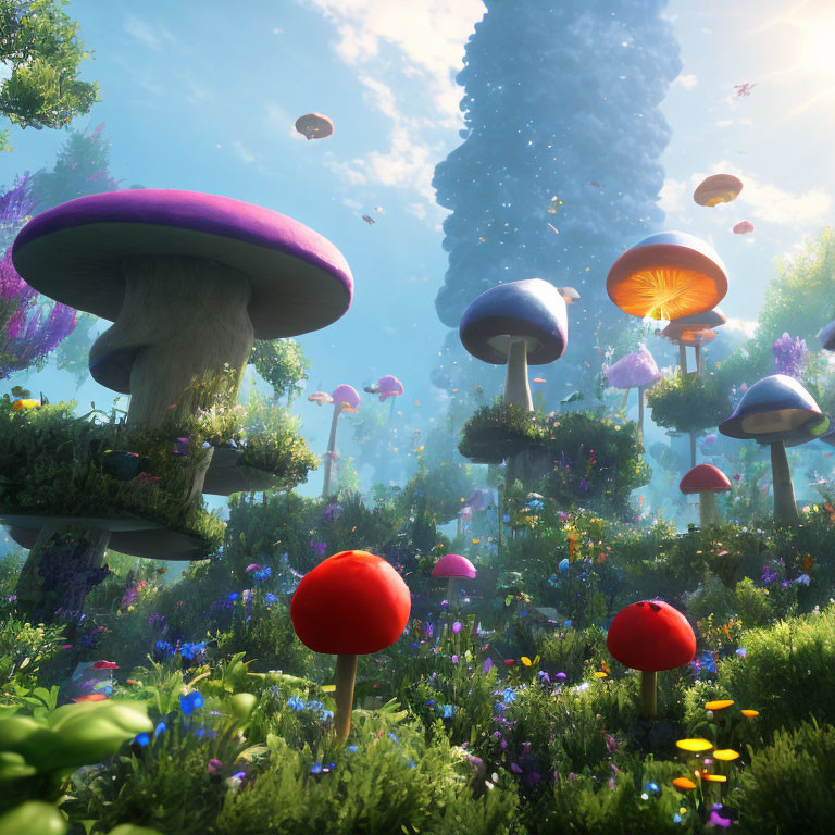 Colorful Oversized Mushrooms in Vibrant Fantasy Forest