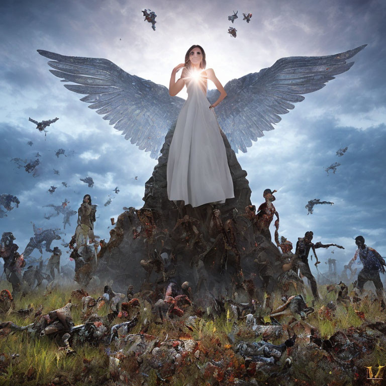 Woman with wings holding light in dark scene with zombie-like figures