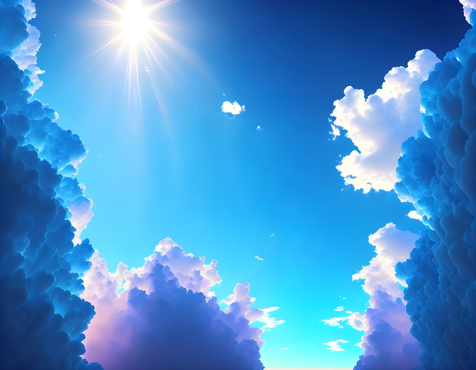 Bright sun and cumulus clouds in deep blue sky