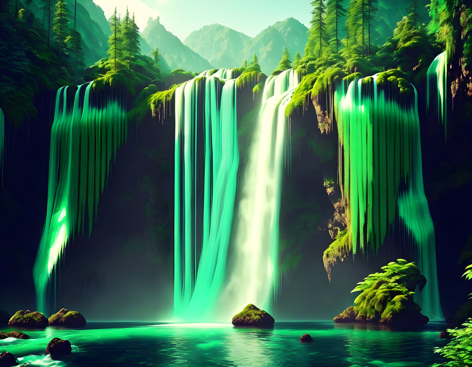 Majestic waterfall cascading into emerald lake amidst lush greenery