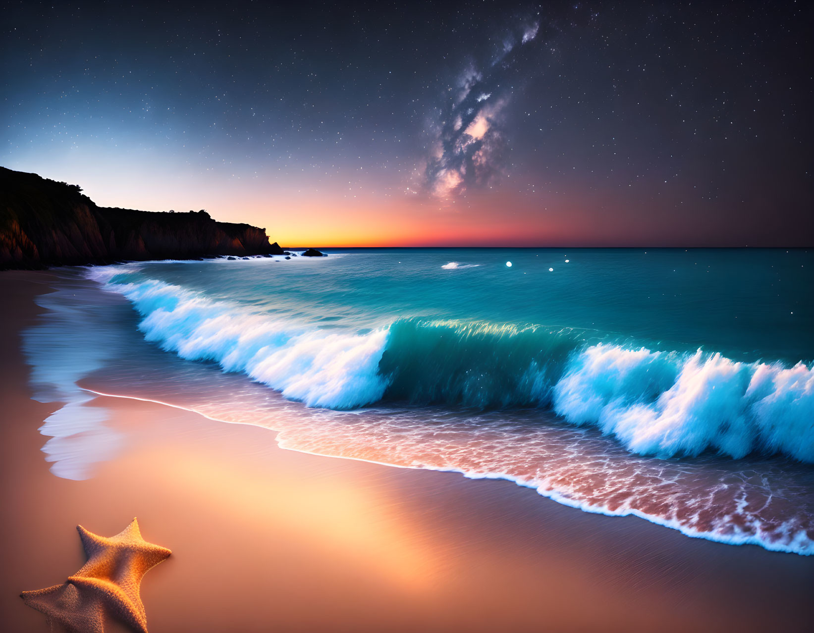 Twilight beach scene with crashing waves, starlit sky, and starfish