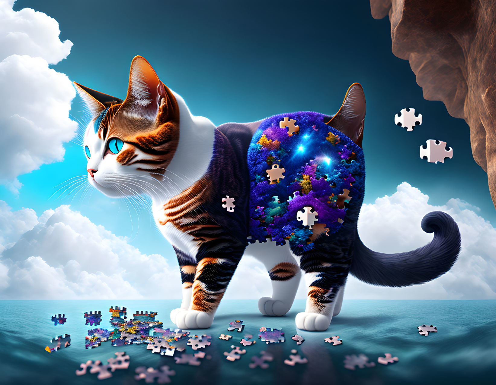 Surreal galaxy-patterned cat on reflective surface with floating puzzle pieces