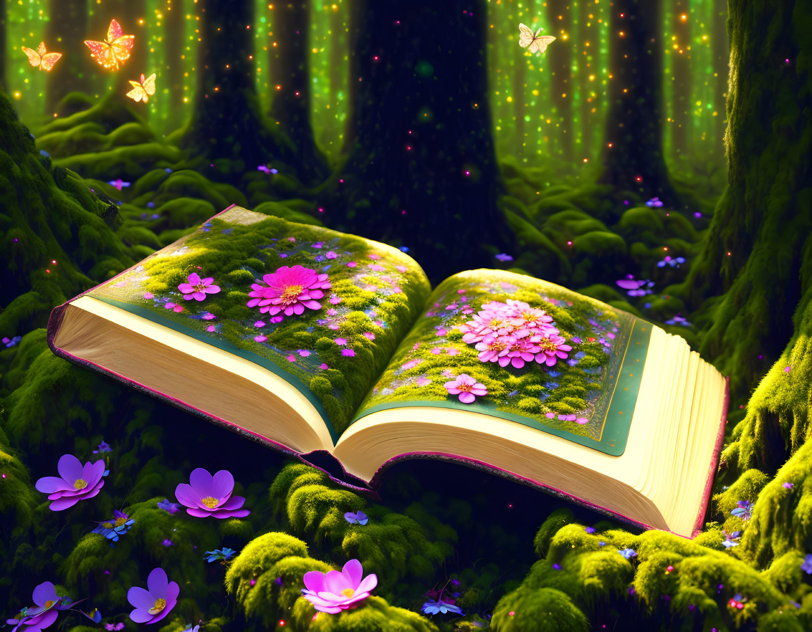 Open book transformed into lush landscape with vibrant flowers in magical forest