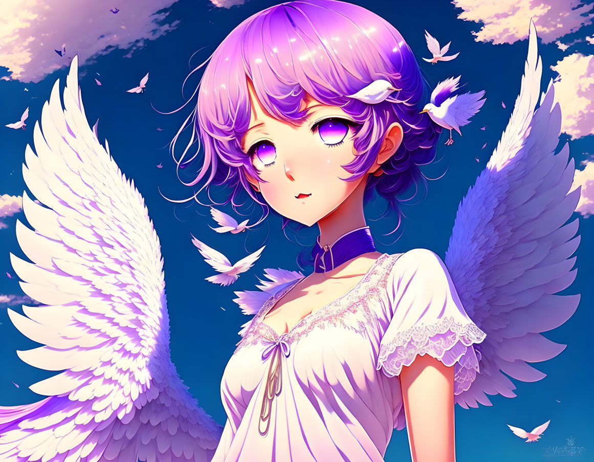 Purple-haired anime character with angel wings in a sky surrounded by white birds