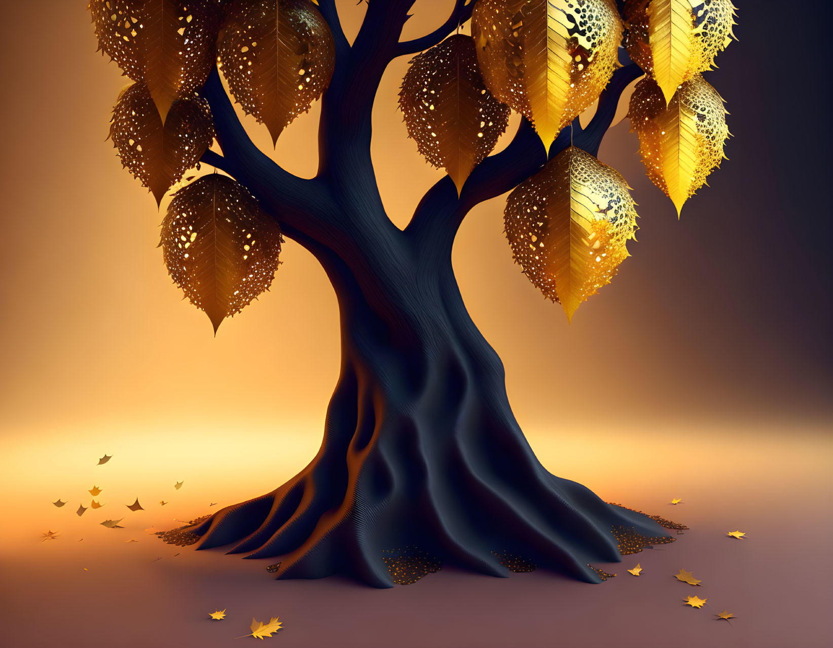 Robust tree with golden leaves on warm gradient background