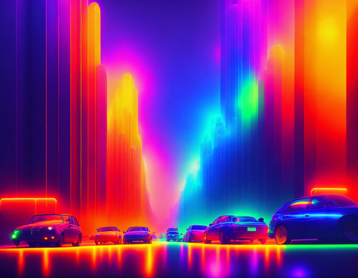 Colorful Neon Cityscape with Glowing Skyscrapers and Cars