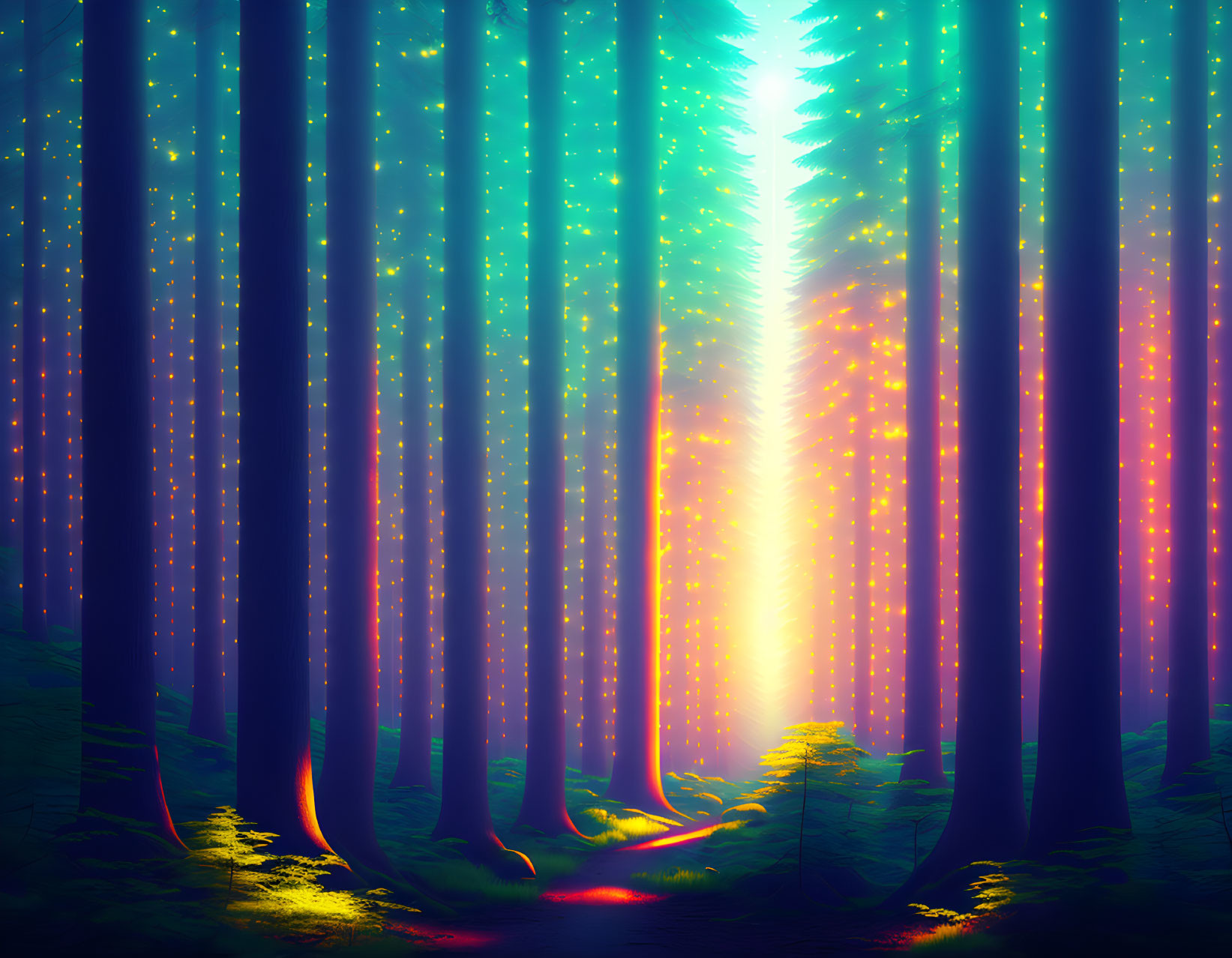 Enchanting forest scene with tall trees, glowing pathway, and radiant light beams