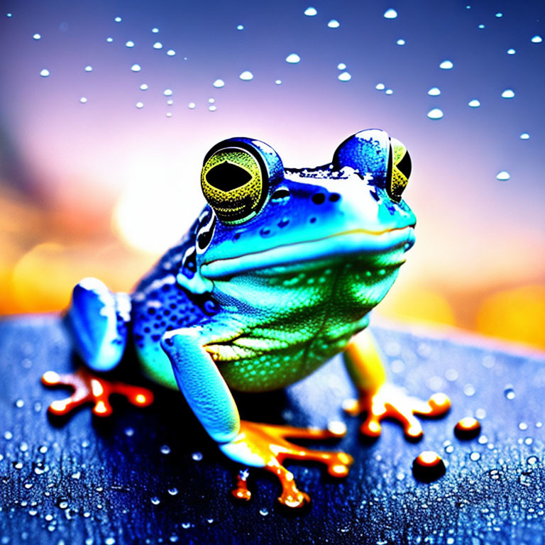 Colorful Frog with Large Eyes on Blue Surface with Water Droplets