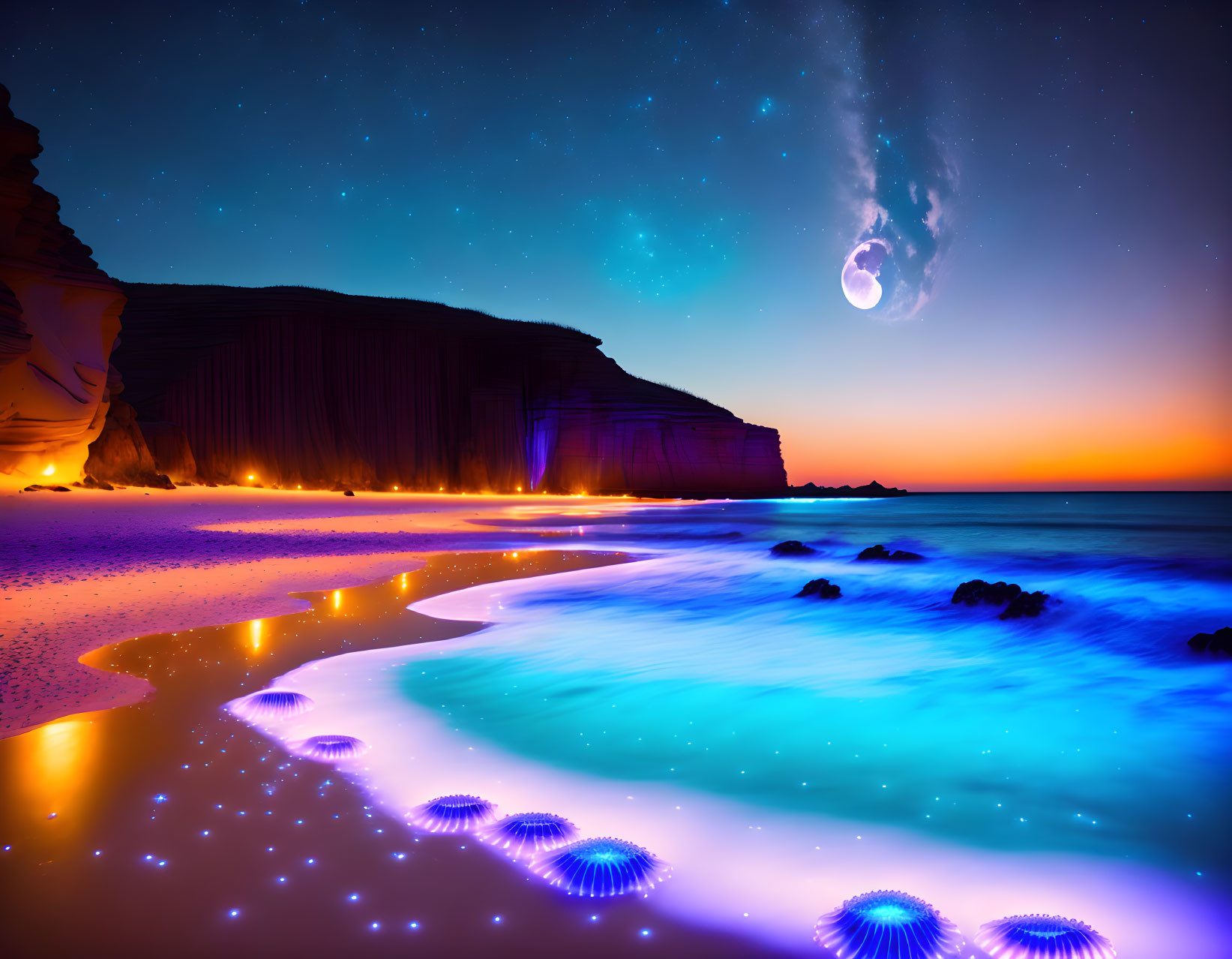 Bioluminescent beach scene at twilight with glowing jellyfish, starry sky, and celestial body