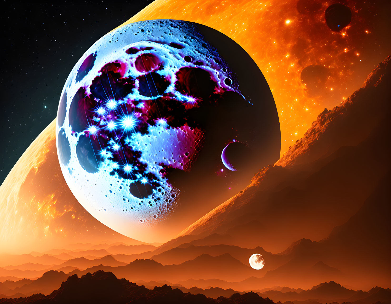 Detailed cosmic illustration: large moon over alien terrain, fiery nebulae.