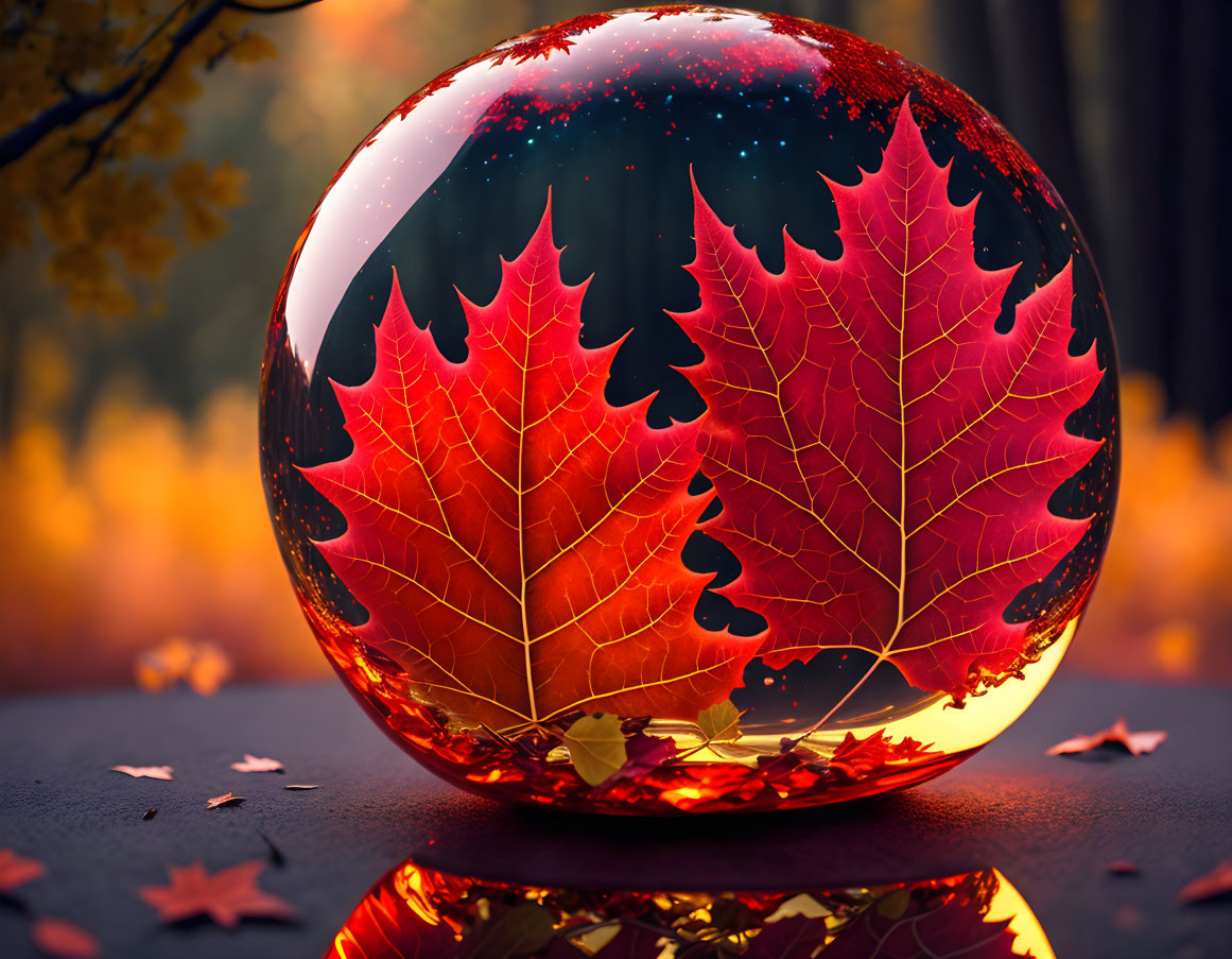 Autumn-themed glass sphere with red leaves and pine tree silhouettes