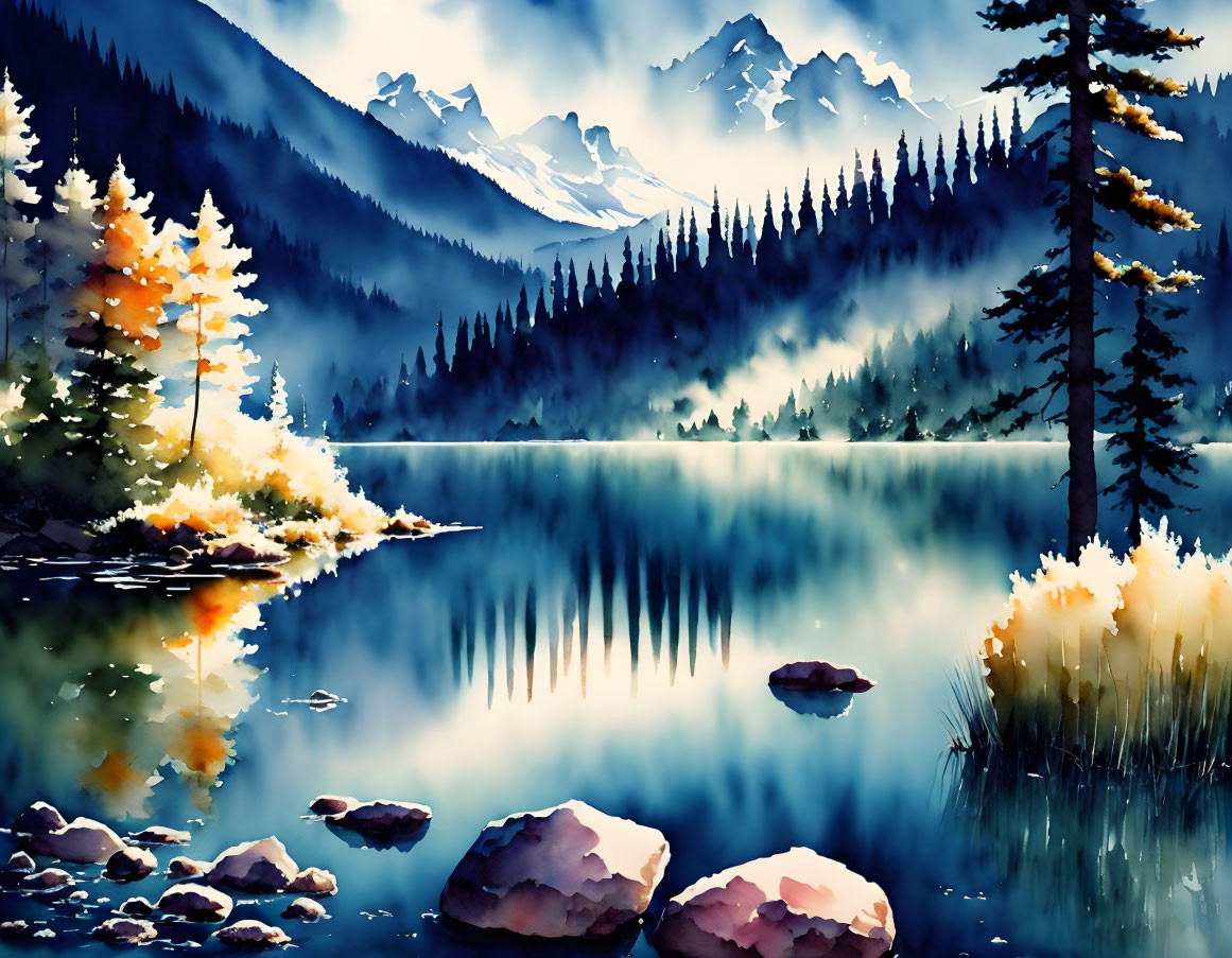 Tranquil watercolor painting of mountain lake reflections in misty blue tones