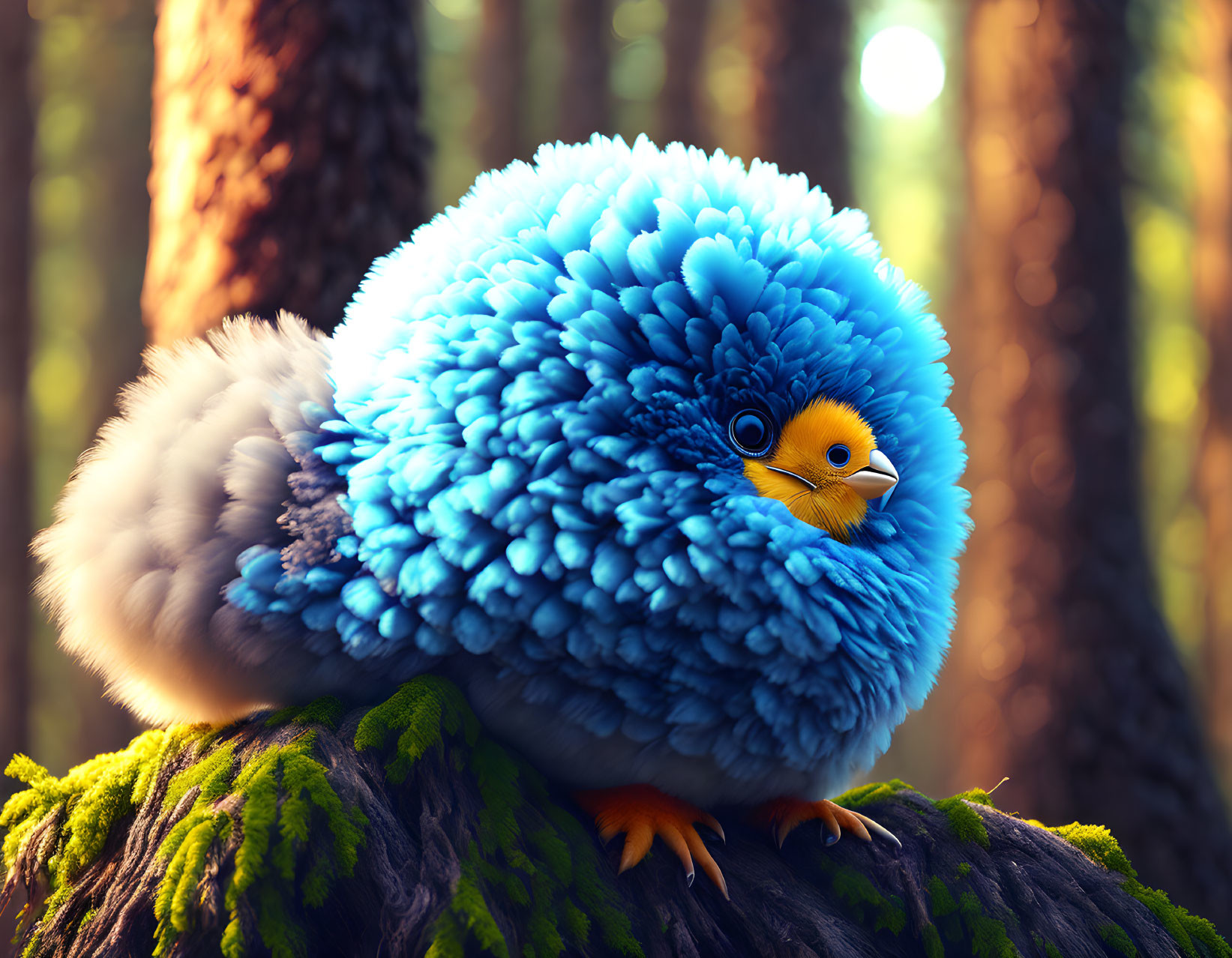 Blue animated bird with large eyes in sunlit forest setting