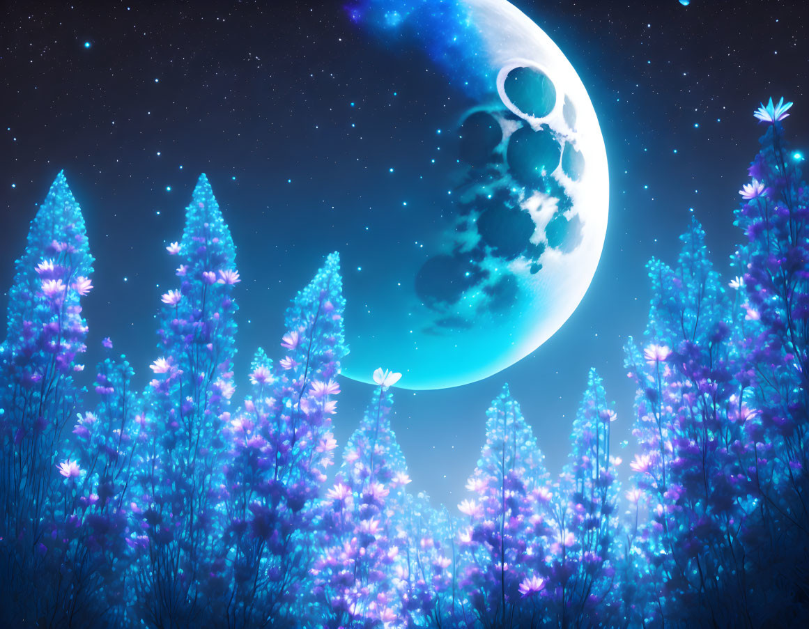 Enchanting night landscape with glowing purple flowers and crescent moon