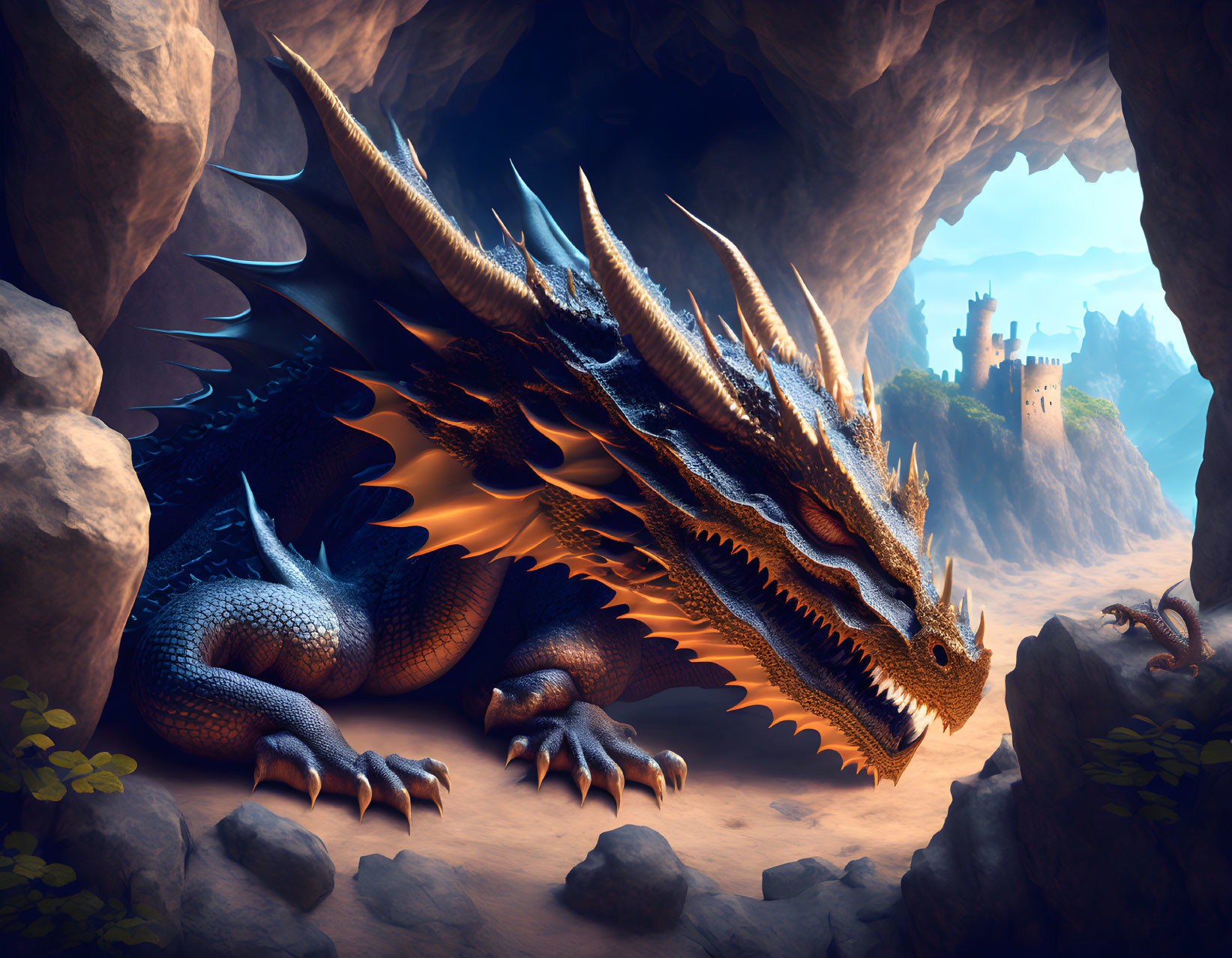 Golden-hued dragon in cavern near distant castle