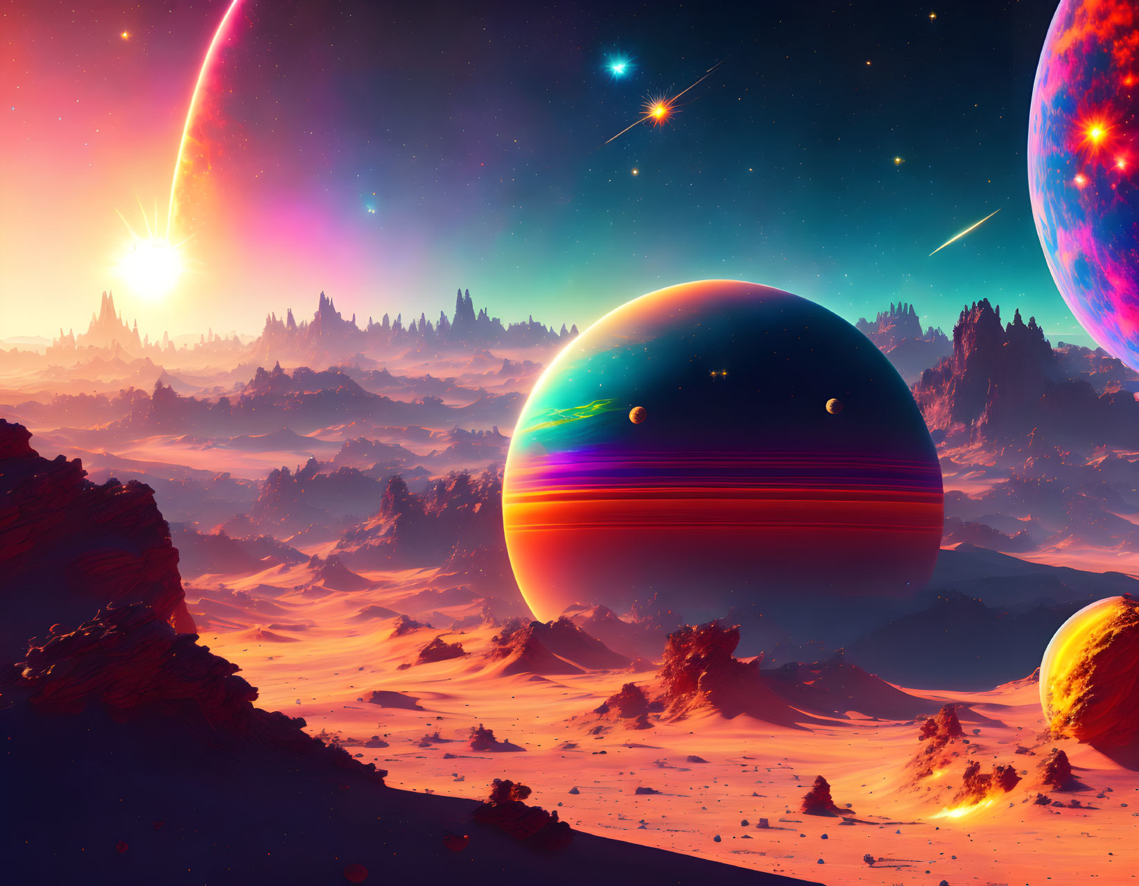 Colorful sci-fi landscape with desert foreground and shooting stars