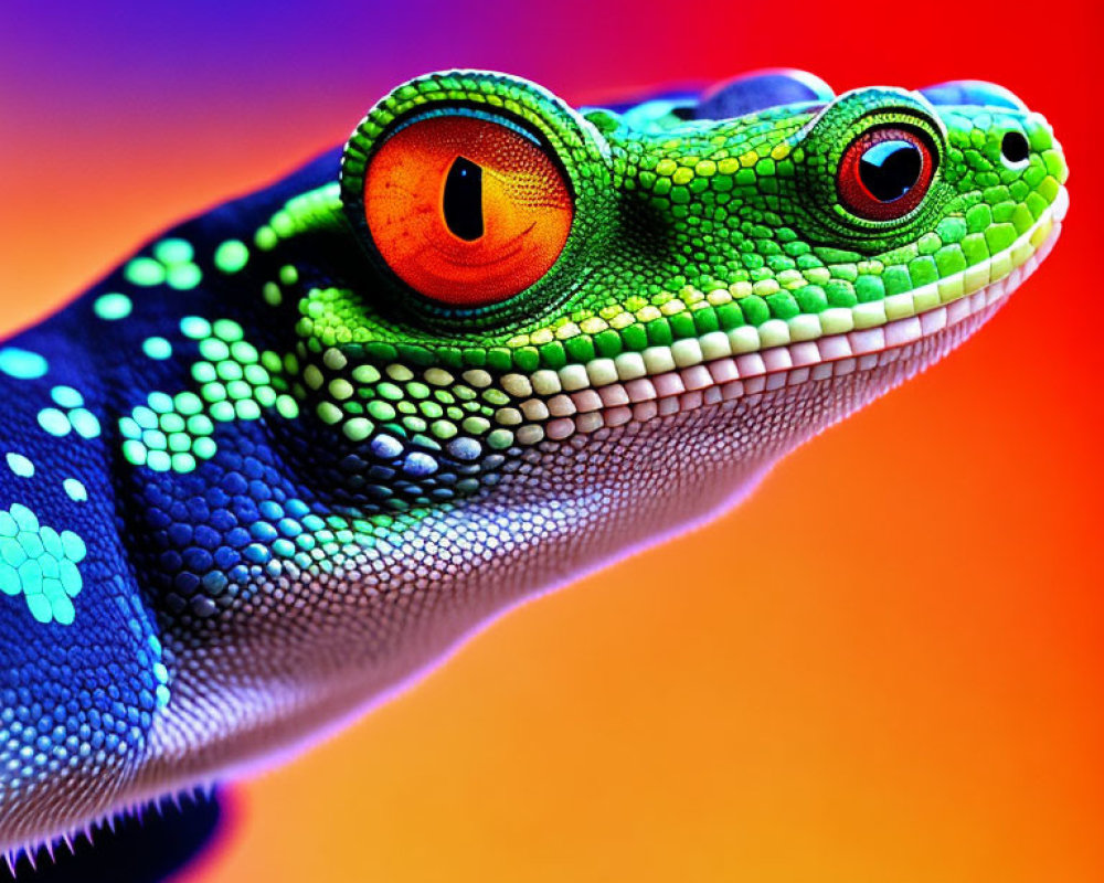 Colorful Gecko with Orange Eyes on Rainbow Background