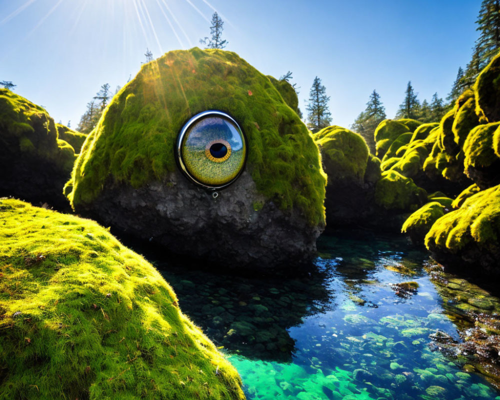 Speaker on Moss-Covered Rock by Blue Pond in Forest