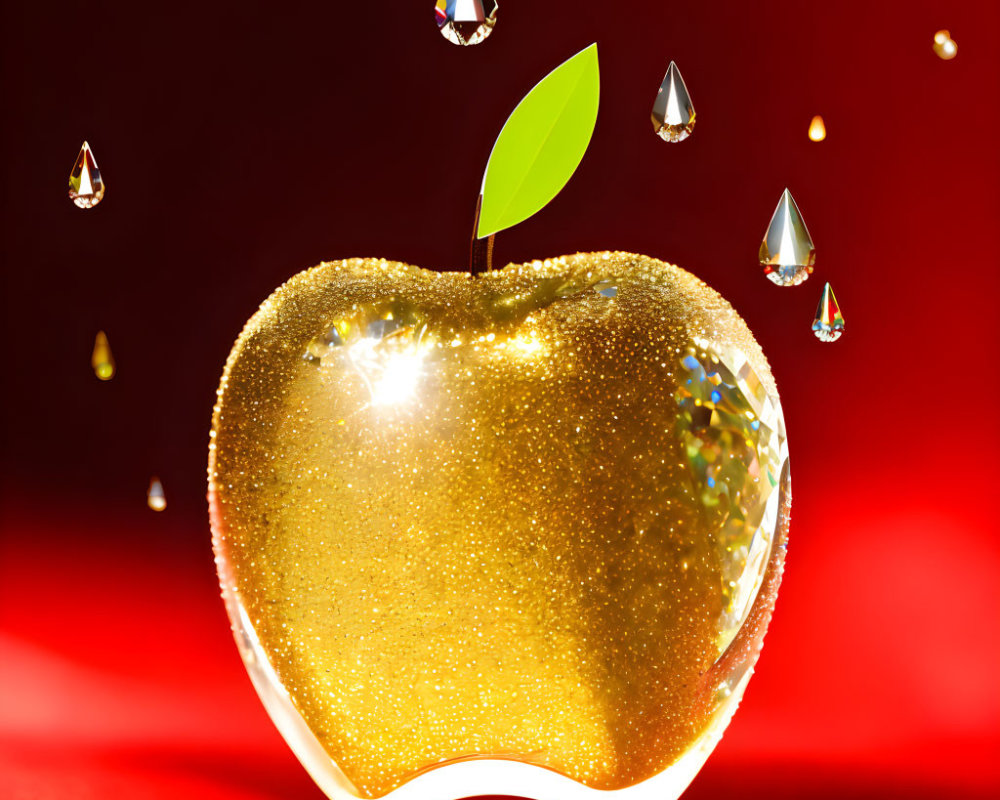 Shiny golden apple with water droplets on red background