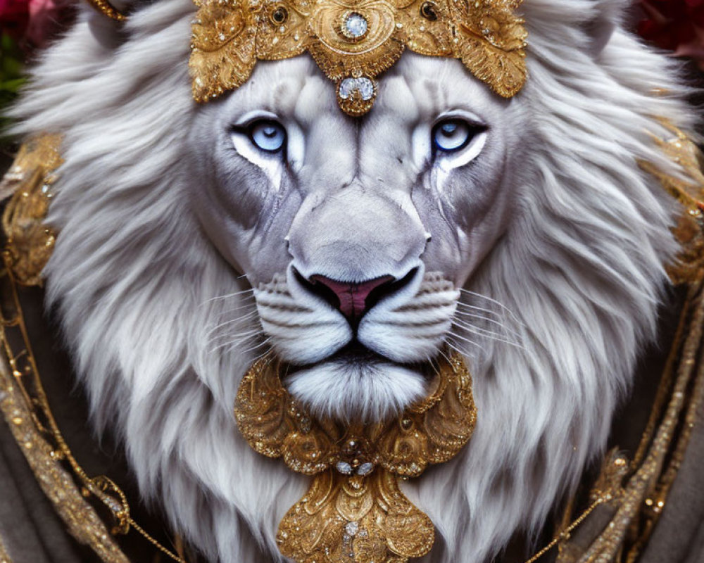 White lion with golden headdress and regal collar among vibrant flowers