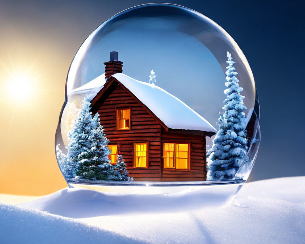 Snowy terrain: Wooden cabin in snow globe with twilight sky