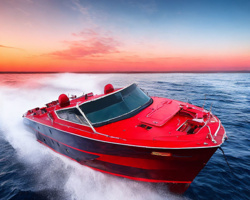 Vibrant sunset scene with red speedboat on blue waters