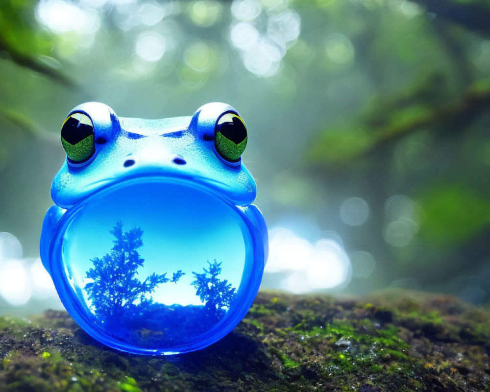 Blue Glass Frog Figurine with Miniature Forest Scene Display