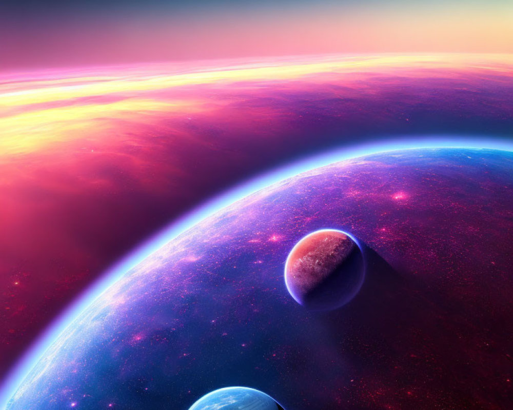 Colorful Space Scene with Large and Small Planets on Curved Horizon