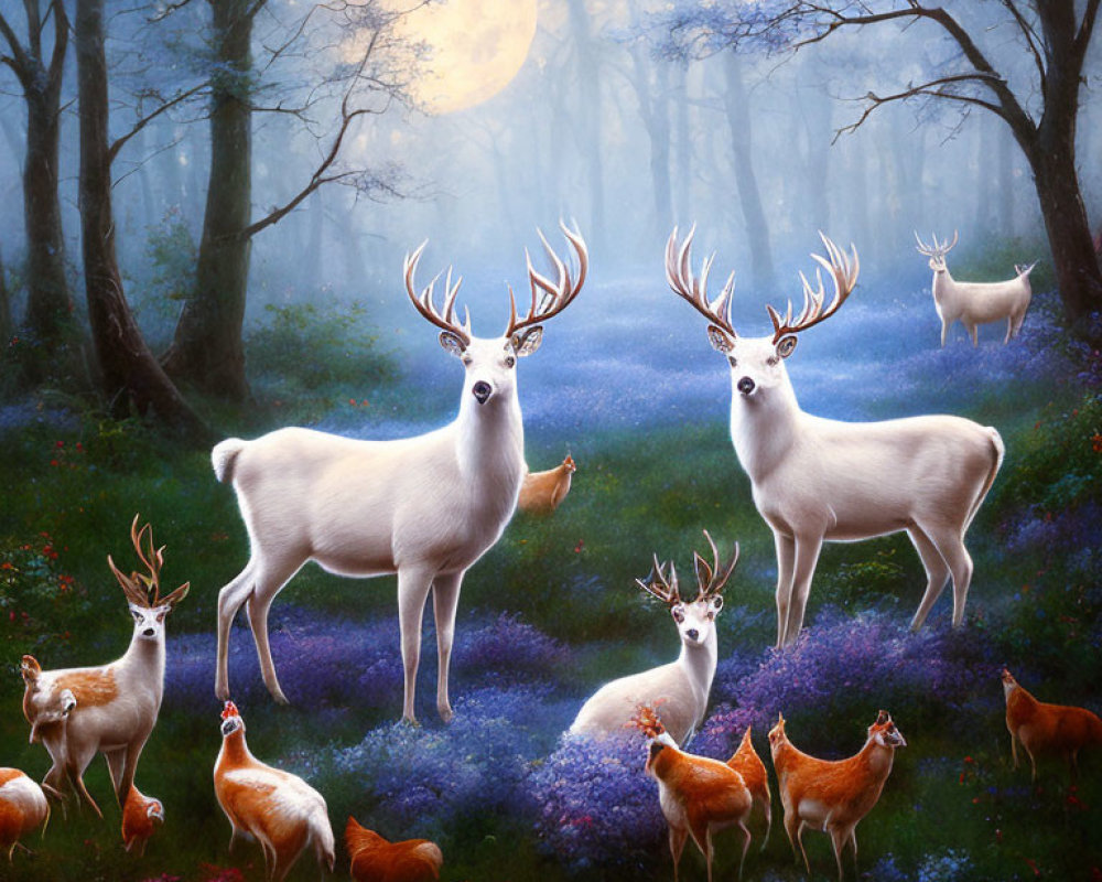 Enchanting night forest with white deer and stags under full moon