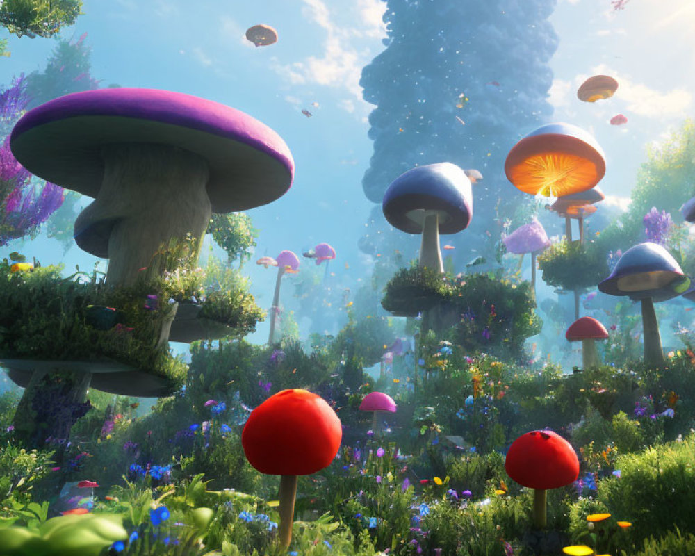 Colorful Oversized Mushrooms in Vibrant Fantasy Forest