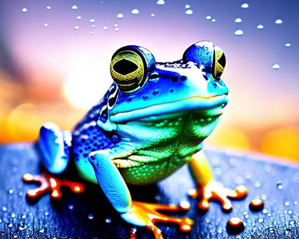 Colorful Frog with Large Eyes on Blue Surface with Water Droplets