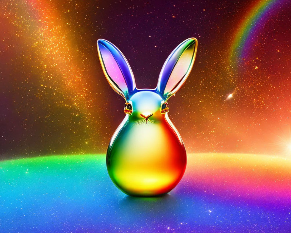 Colorful Glossy Rabbit Figurine with Rainbow Ears and Cosmic Background