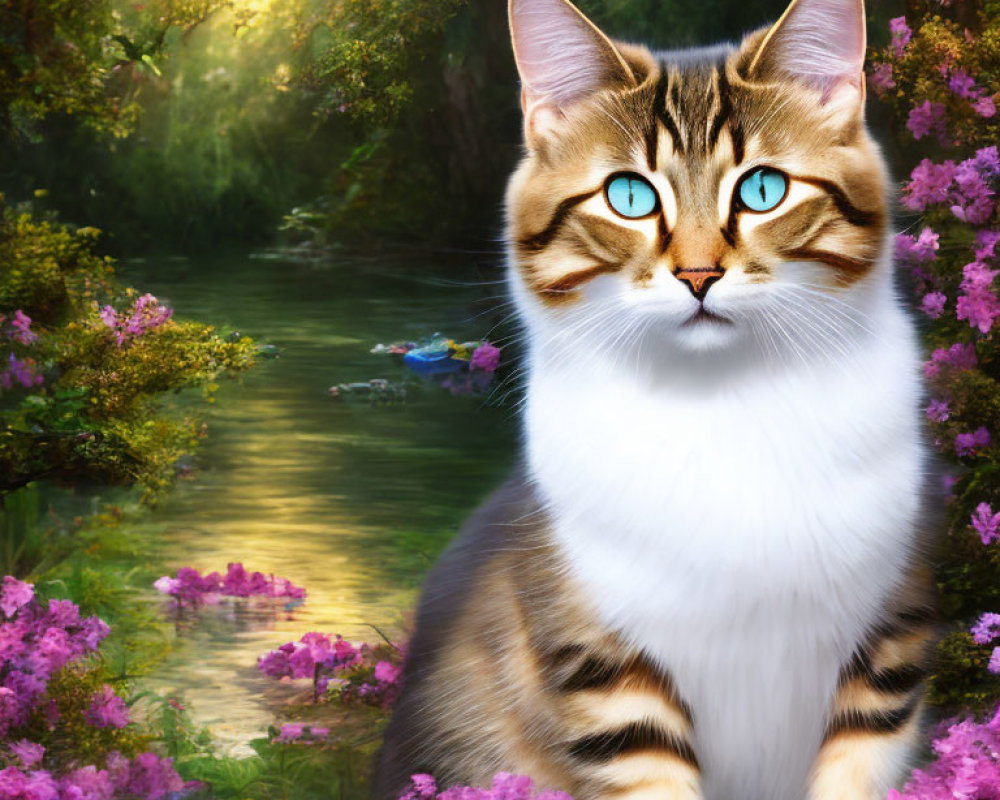 Vibrant turquoise-eyed cat in fantastical floral setting with serene stream