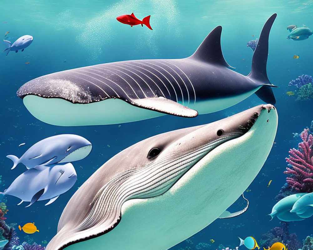 Majestic whales in vibrant underwater scene