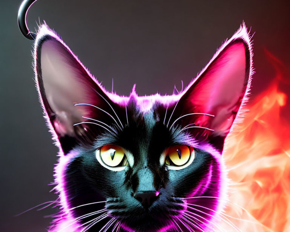 Colorful Digital Art: Black Cat with Yellow Eyes in Neon Purple and Pink Palette